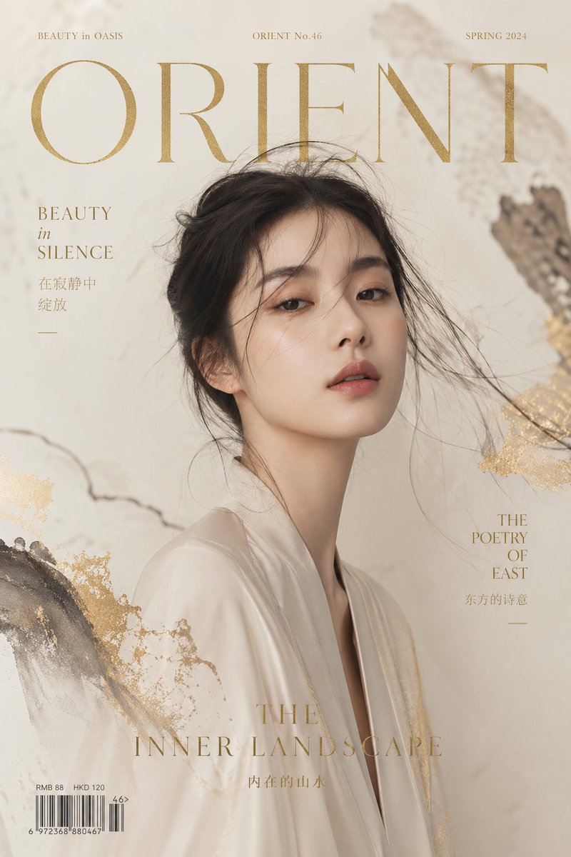 AI Prompt for Luxury Fashion Editorial Cover with Asian Model and Ink Wash Effect