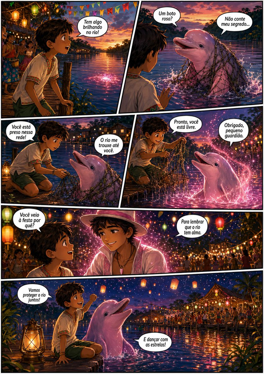 AI Prompt for Magical Colorful Comic Illustration of Dolphin Rescue at Amazon Lantern Festival