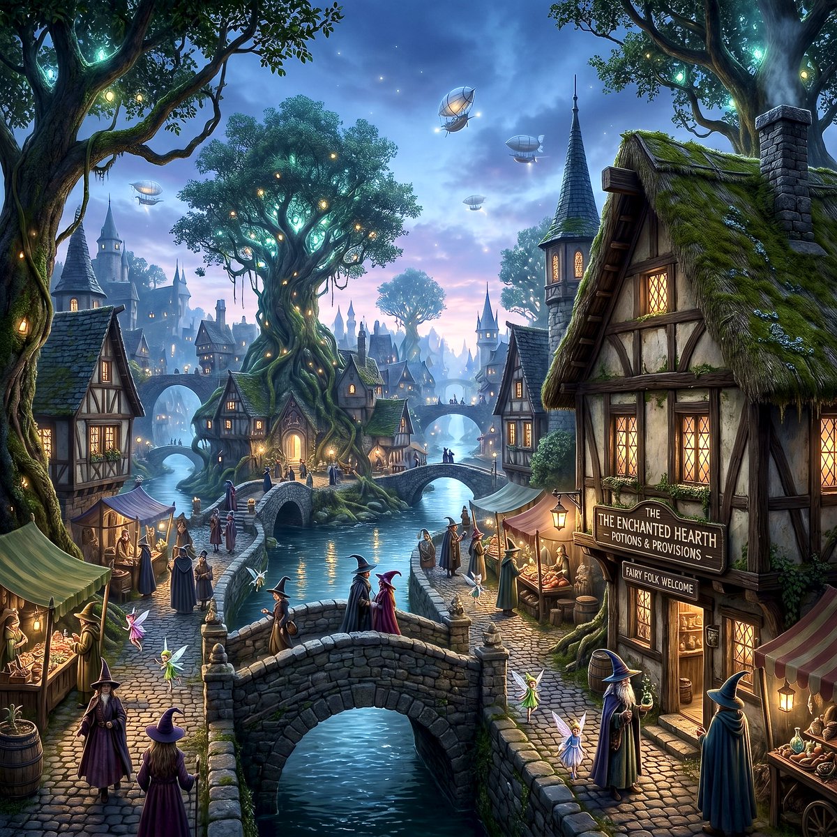 AI Prompt for Magical Fantasy World Scene with Witches and Landscapes