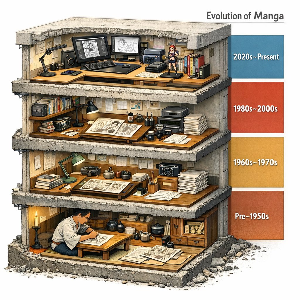 AI Prompt for Manga Evolution Architectural Section Diagram