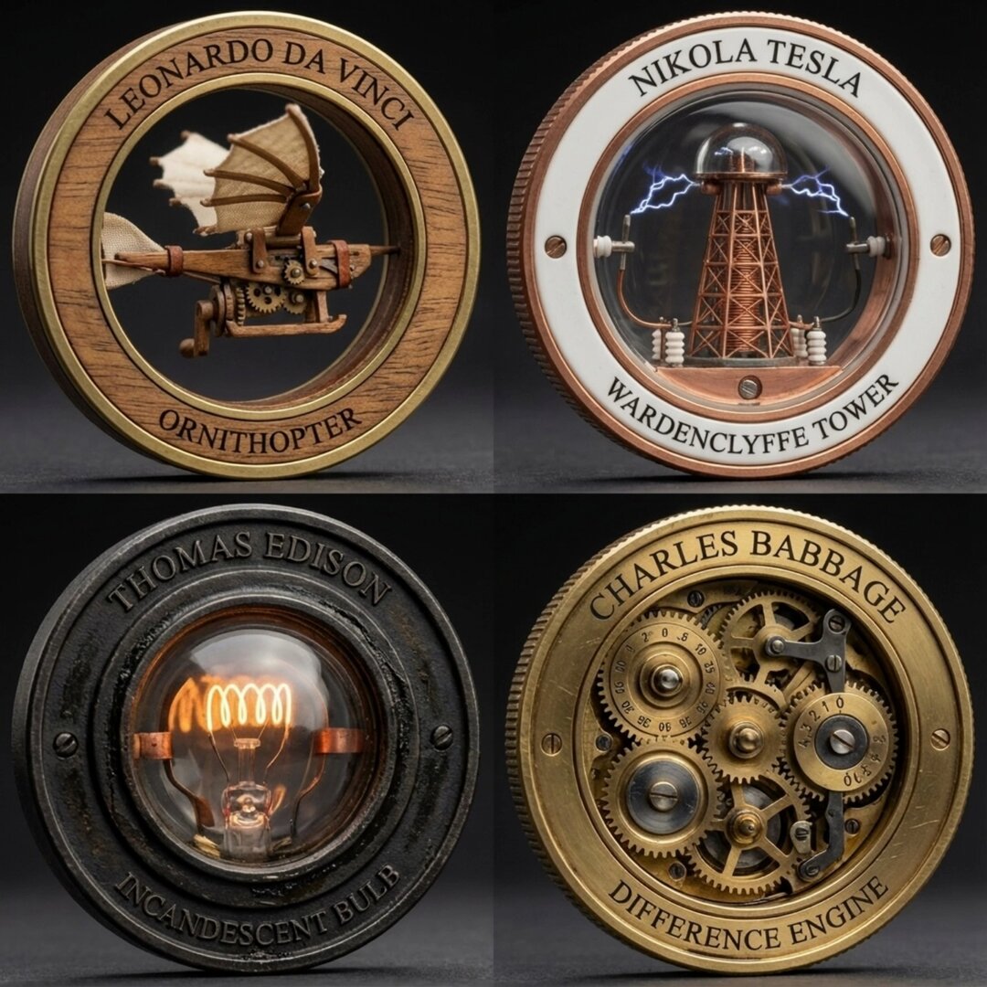 AI Prompt for Mechanical Coin Illustrations featuring Inventor Machines