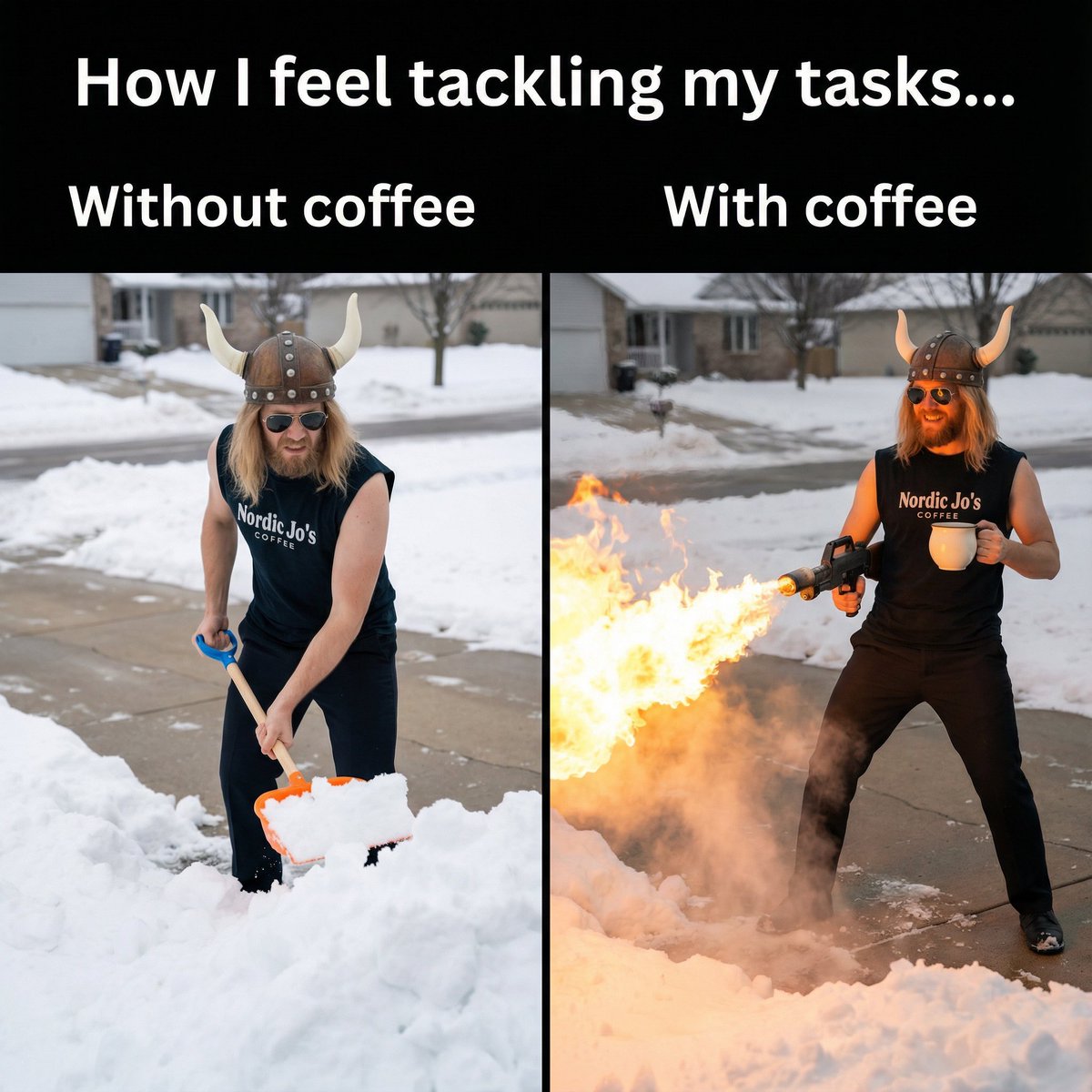 AI Prompt for Memorable Snow Shoveling Comparison Illustration