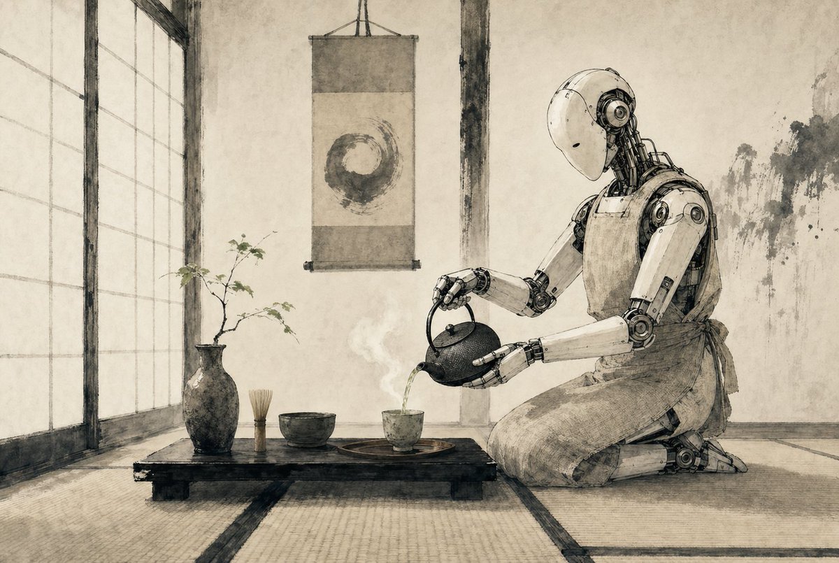 AI Prompt for Minimalist Cyberpunk Sci-Fi Art: Robot Tea Ceremony in Japanese-Inspired Sepia