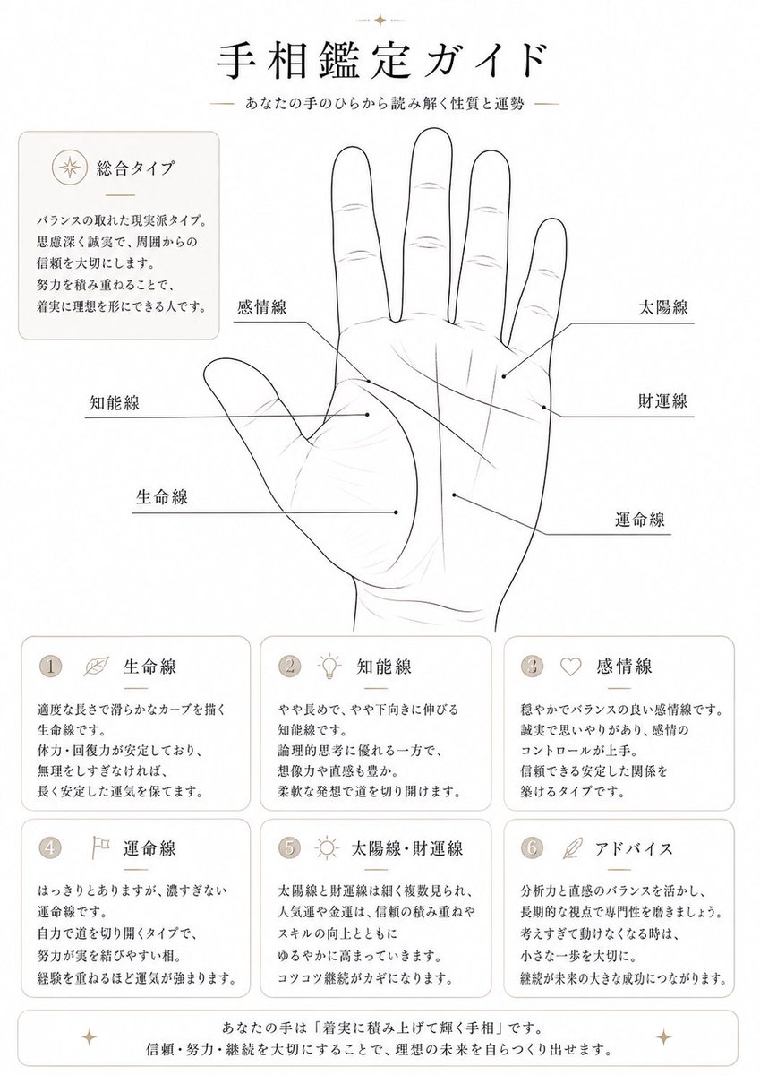 AI Prompt for Minimalist Japanese Palmistry Infographic with Hand Diagram and Fortune Summary