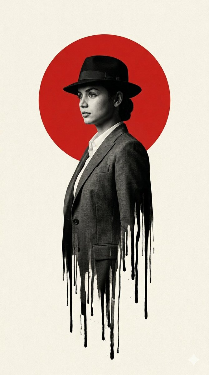 AI Prompt for Minimalist Noir Portrait with Ink Splatters and Red Sun Background