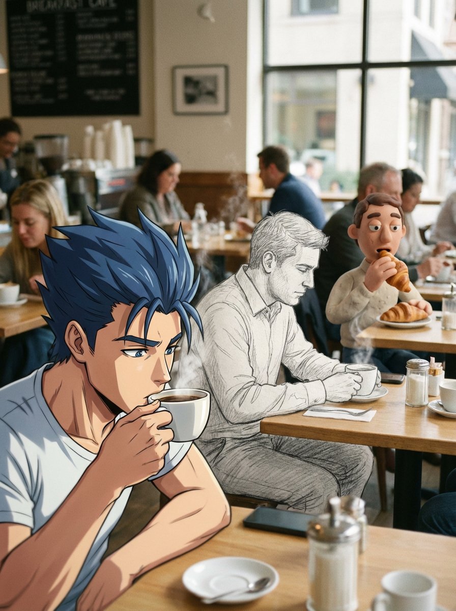AI Prompt for Mixed Media Cinematic Café Scene: Anime, Sketch, and Claymation