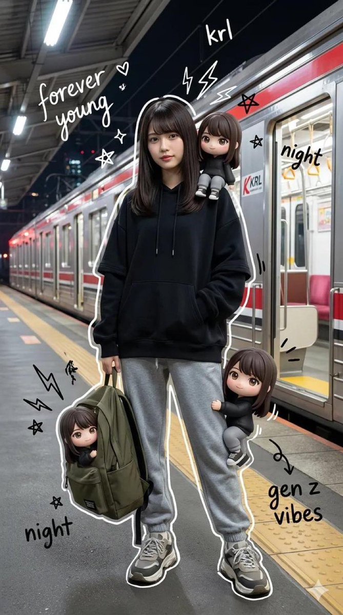 AI Prompt for Mixed-Media Portrait with Chibi Clones: Hyper-Realistic Teenager & Q-Style Cutouts