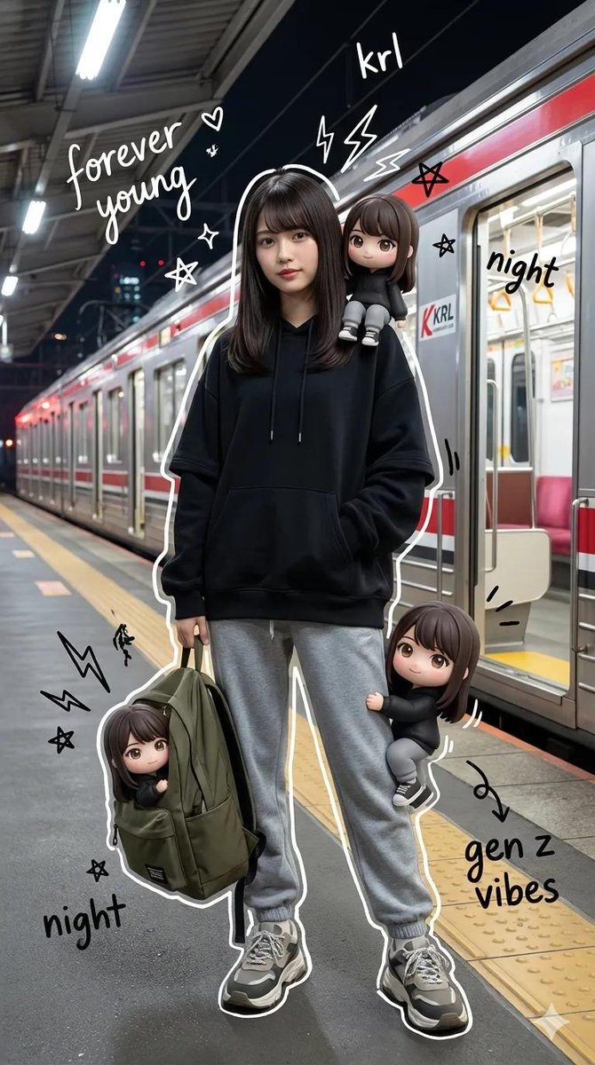 AI Prompt for Mixed-Media Portrait with Chibi Overlays at Night Train Station