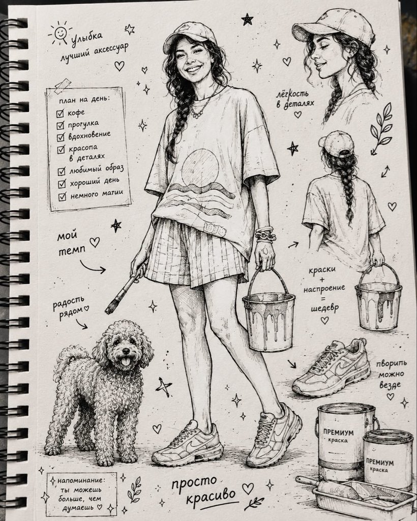 AI Prompt for Modern Indie Style Sketchbook Illustrations with Russian Text and Doodles