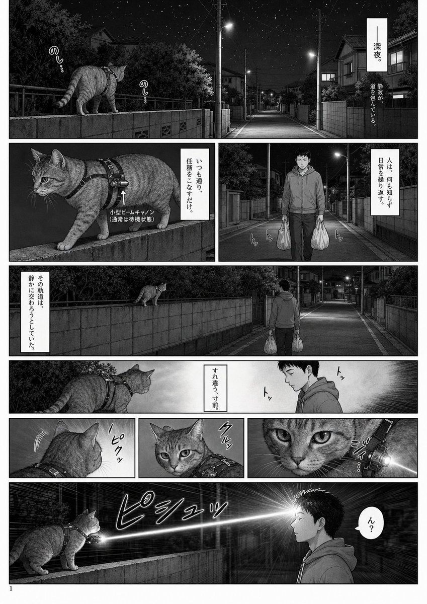 AI Prompt for Monochrome Manga Page of Laser Cat in City at Night
