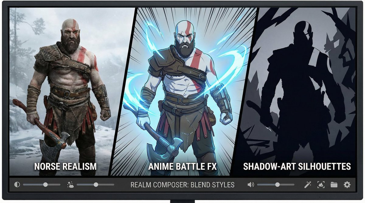 AI Prompt for Multi-Style Character Illustration: Kratos in Norse, Anime, and Shadow Art