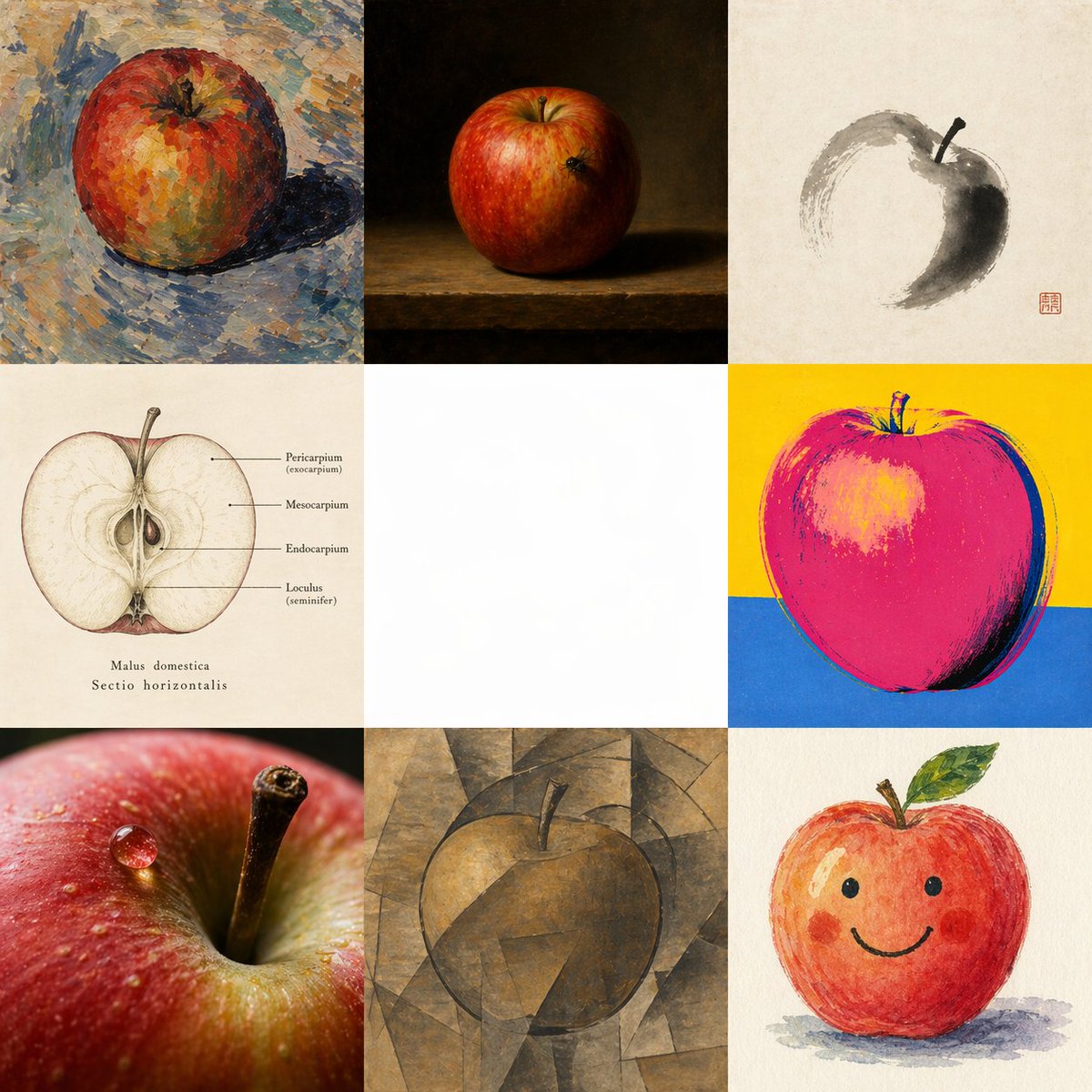 AI Prompt for Multi-Style Image Generation: Apple in Eight Visual Grammars