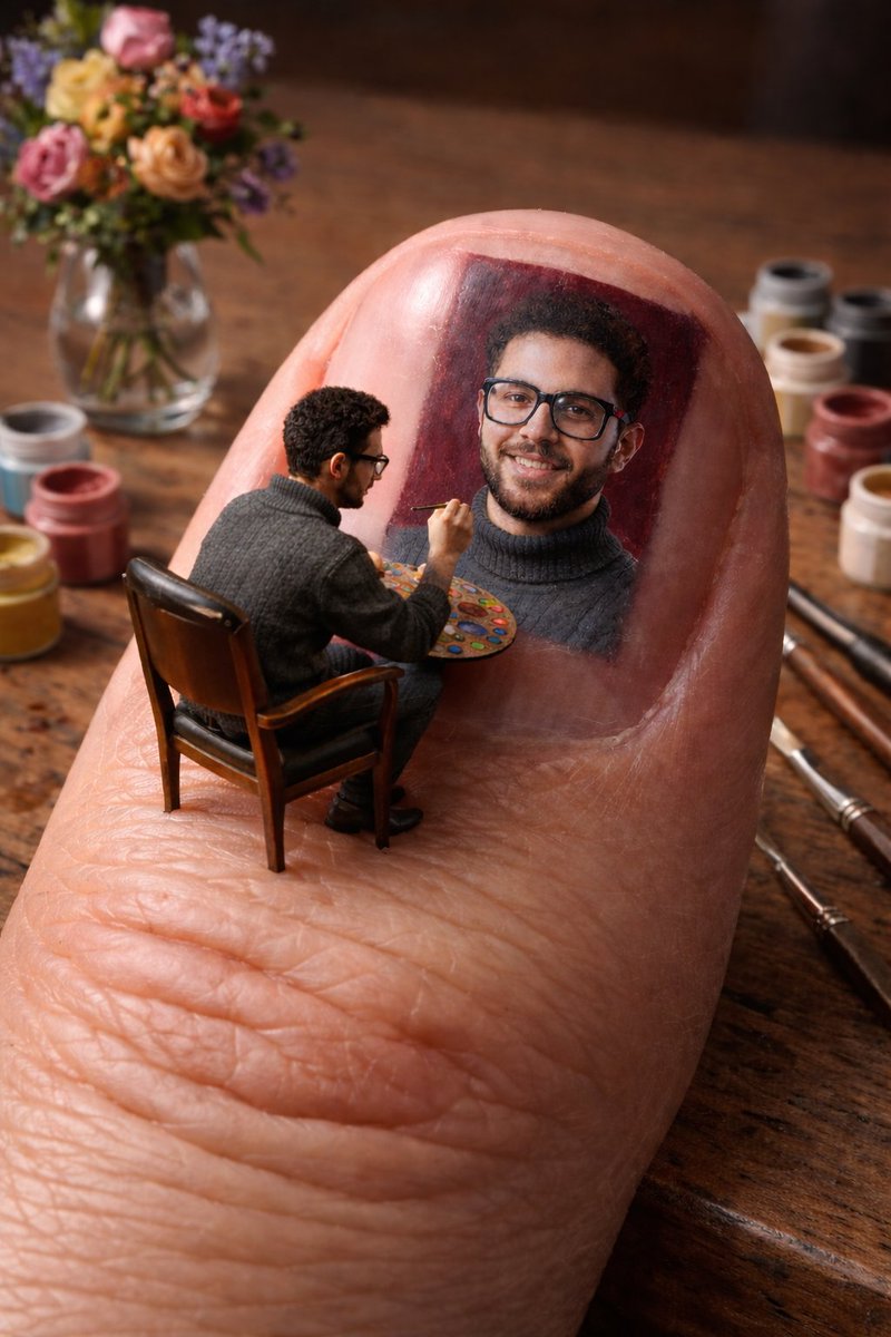AI Prompt for Nano Banana Pro: Miniature Artist Painting Portrait on Giant Fingernail