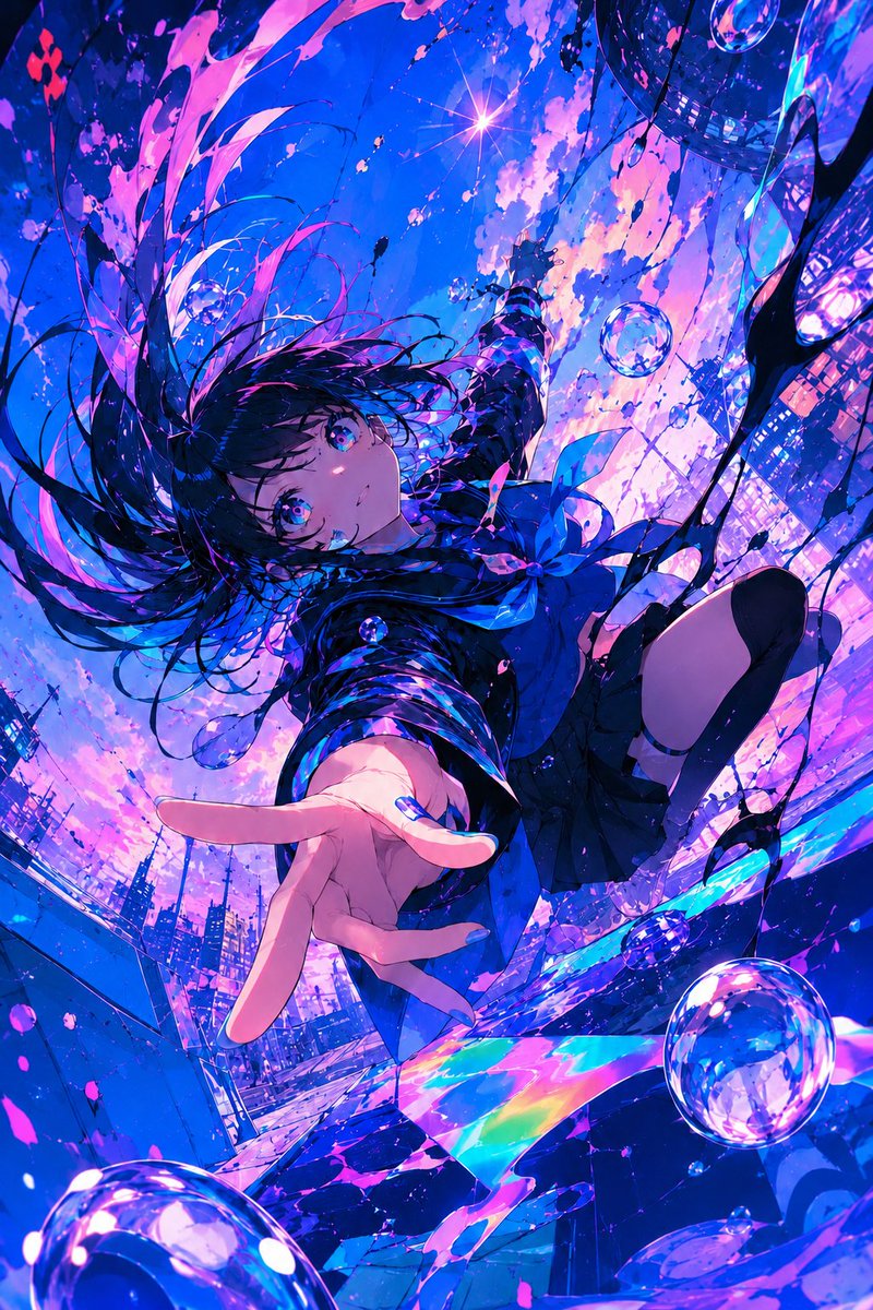 AI Prompt for Neon Anime City Sky with Falling Girl