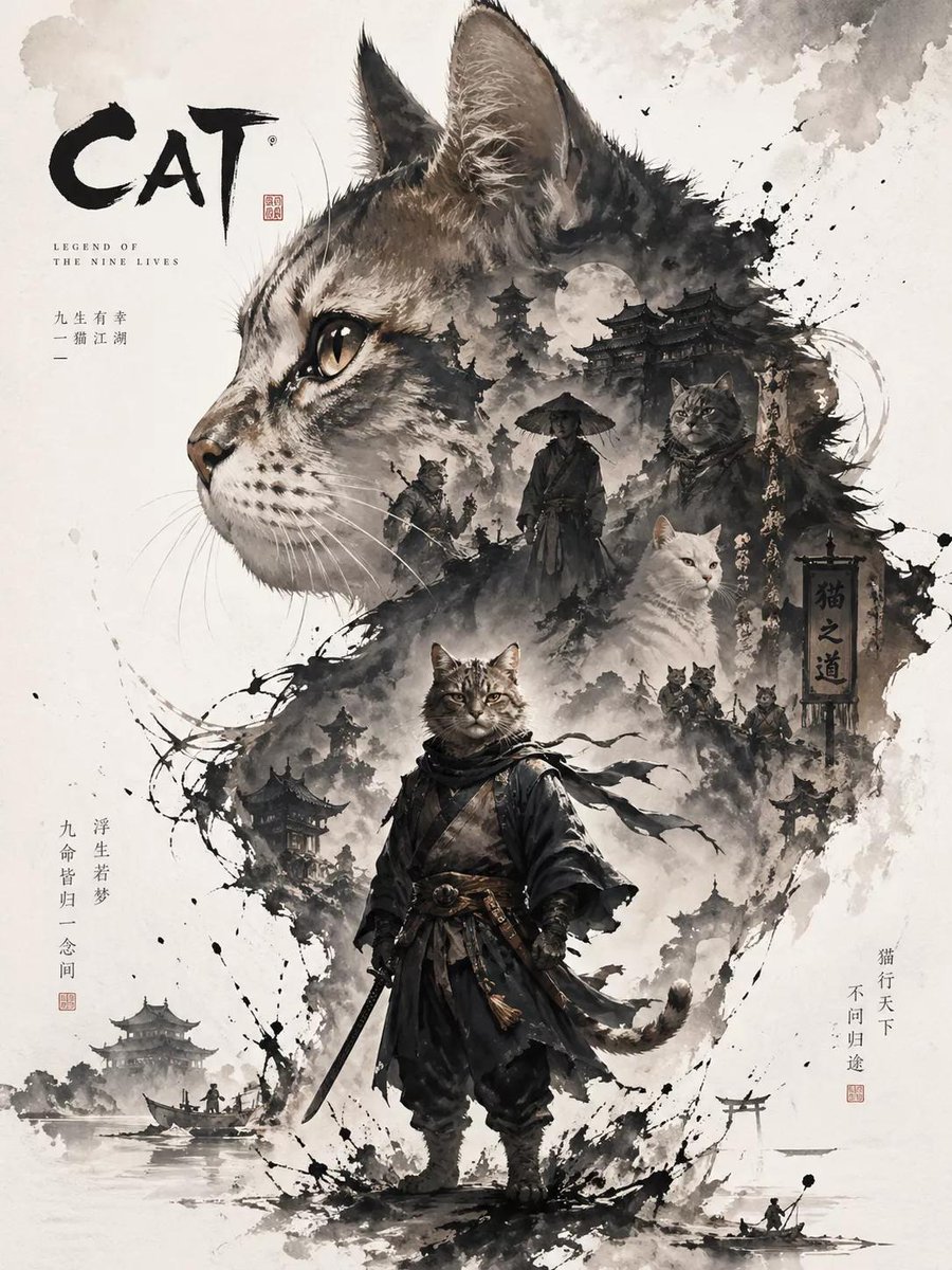 AI Prompt for Oriental Aesthetic Poster Design with Double Exposure and Ink Stains