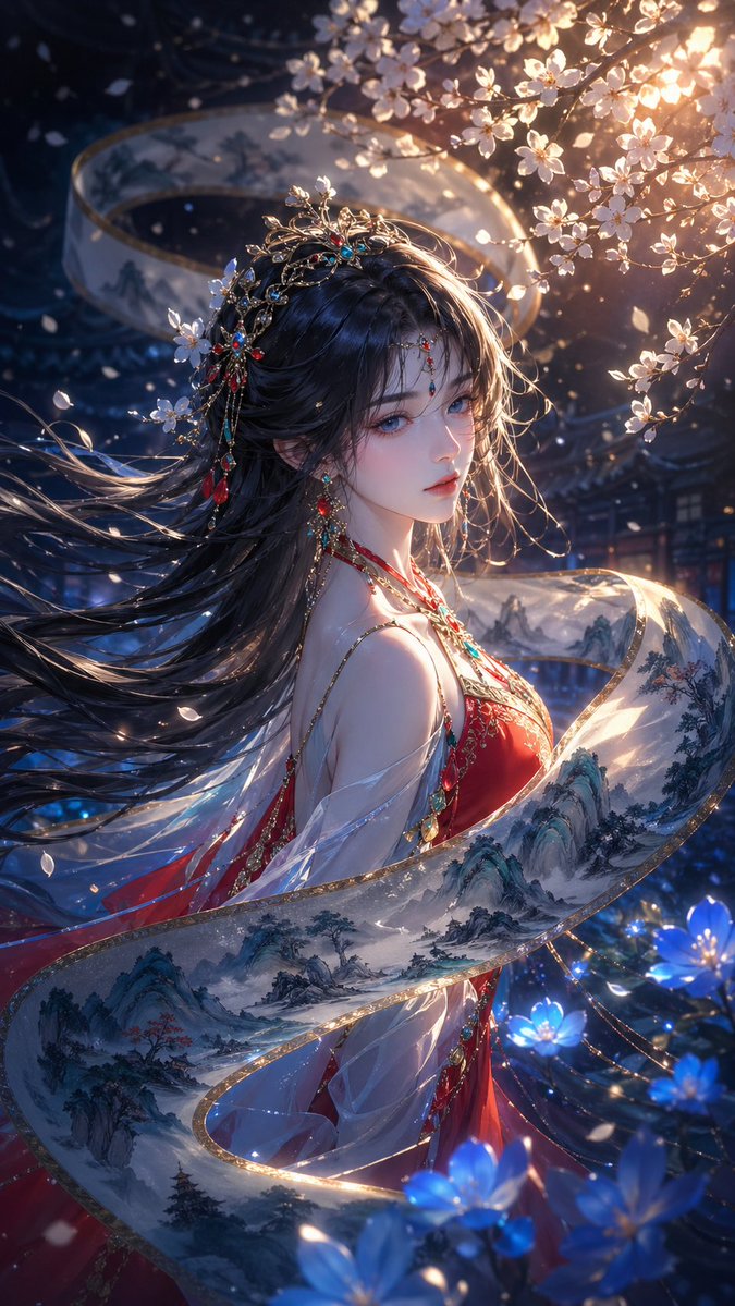 AI Prompt for Oriental Fantasy Illustration: Traditional Attire, Cherry Blossoms, and Landscapes