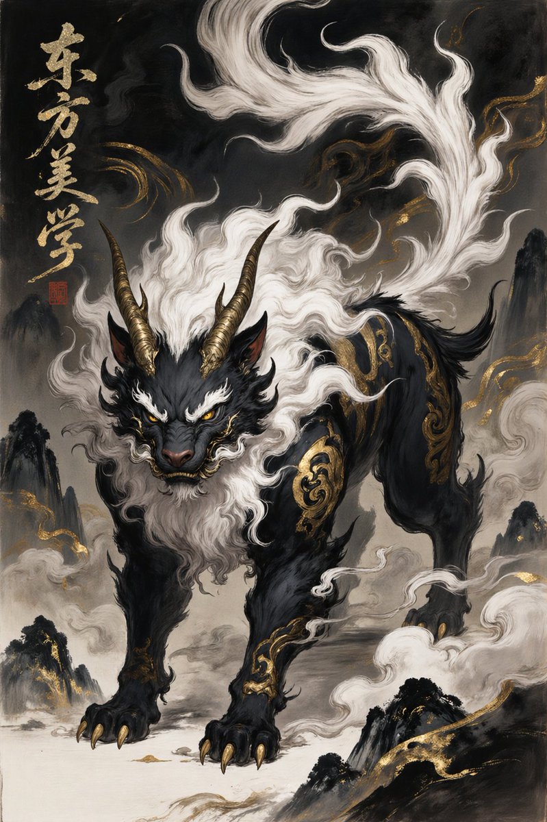 AI Prompt for Oriental Mythical Beast Suanni in Chinese Ink-Wash Style