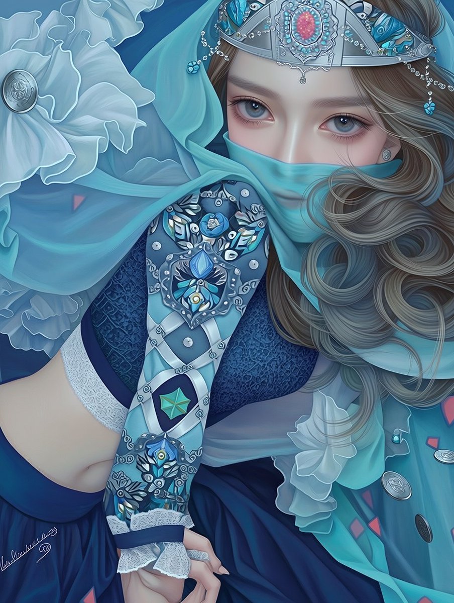 AI Prompt for Ornate Anime Belly Dancer Illustration with Turquoise Veils
