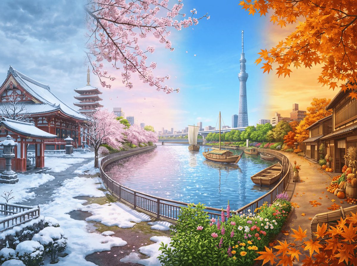 AI Prompt for Panoramic Cinematic Cityscape with Seasons and Skytree