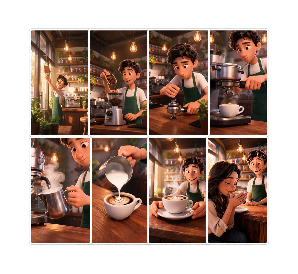 AI Prompt for Pixar-Style Coffee Shop Storyboard with 3D Animation
