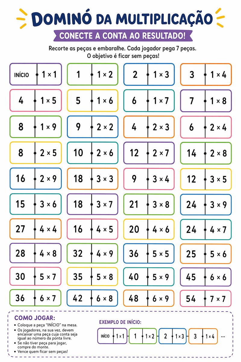 AI Prompt for Printable Multiplication Domino Worksheet with Colorful Illustrations and Typography