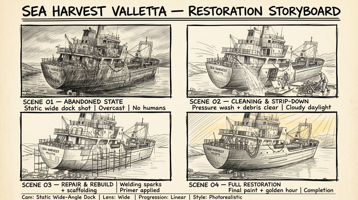 AI Prompt for Pro Hand-Drawn Ship Restoration Storyboard with Comic Style