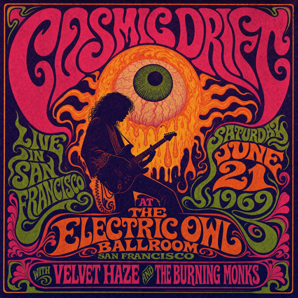 AI Prompt for Psychedelic Retro Concert Poster with Melting Eyeball Sun
