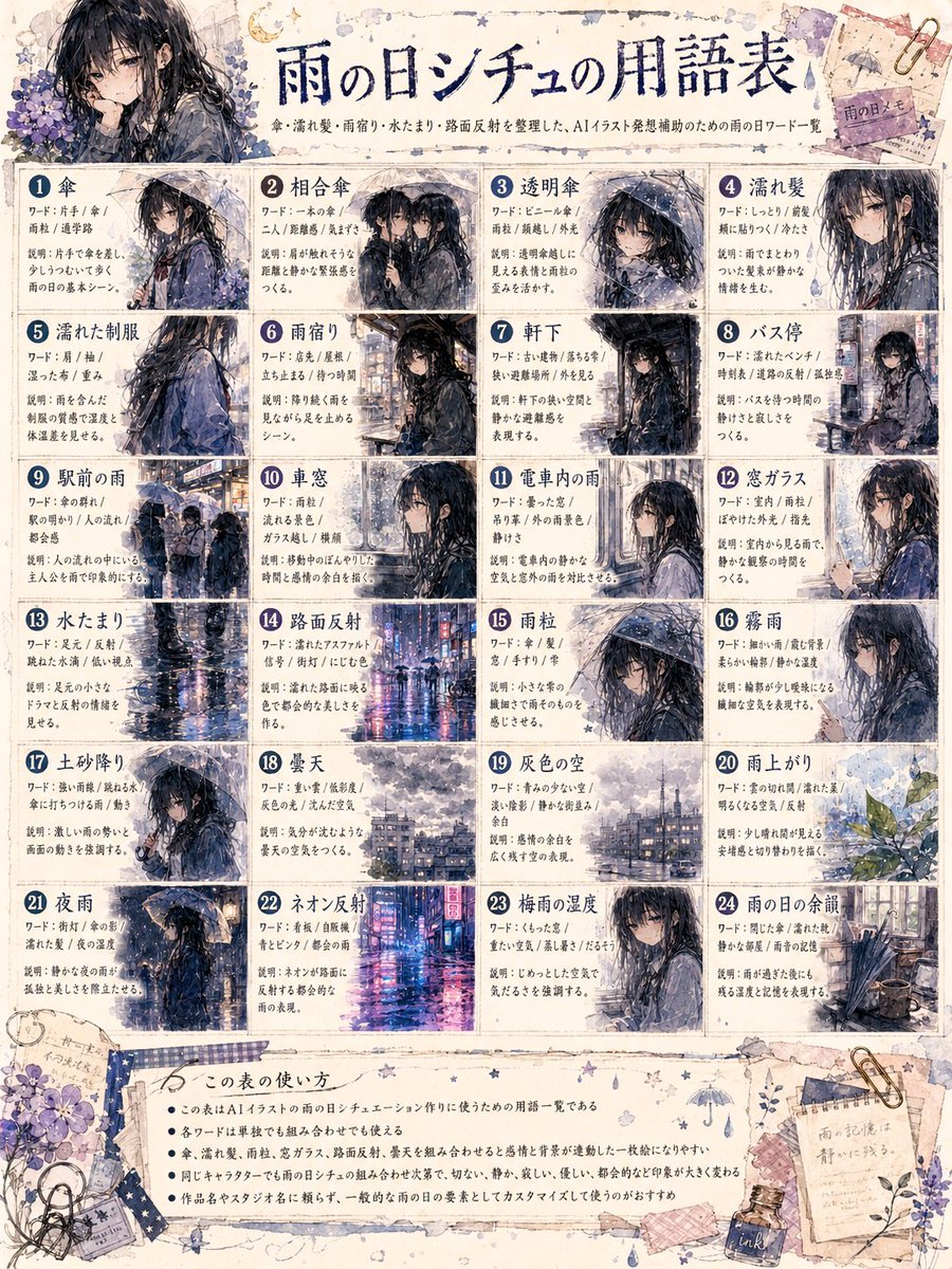 AI Prompt for Rainy Day Anime Illustration Terms - Downloadable Infographic