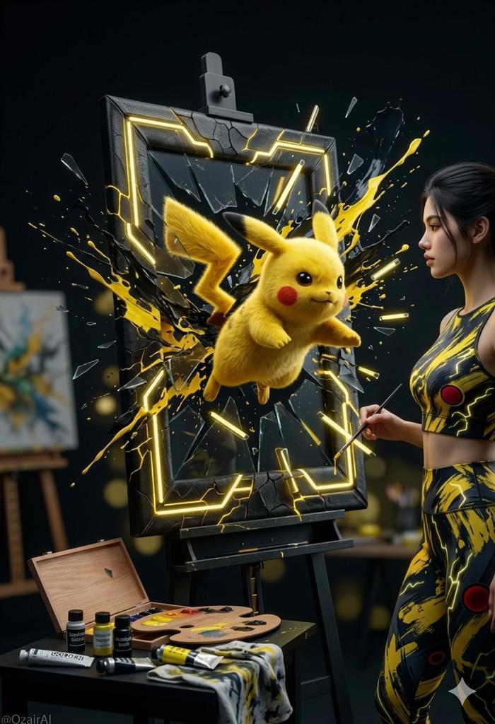 AI Prompt for Realistic 3D Pikachu Bursting Out of Neon Canvas