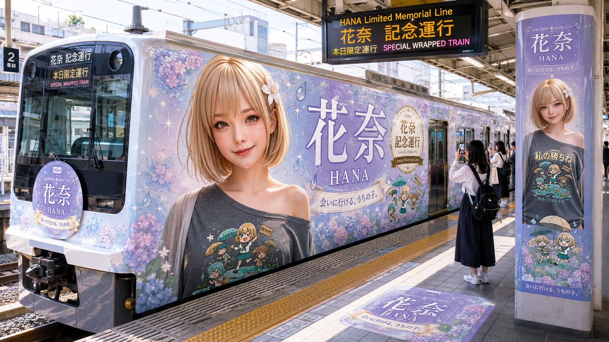 AI Prompt for Realistic Anime Train Station Scene with Custom Memorial Wrap and Signage