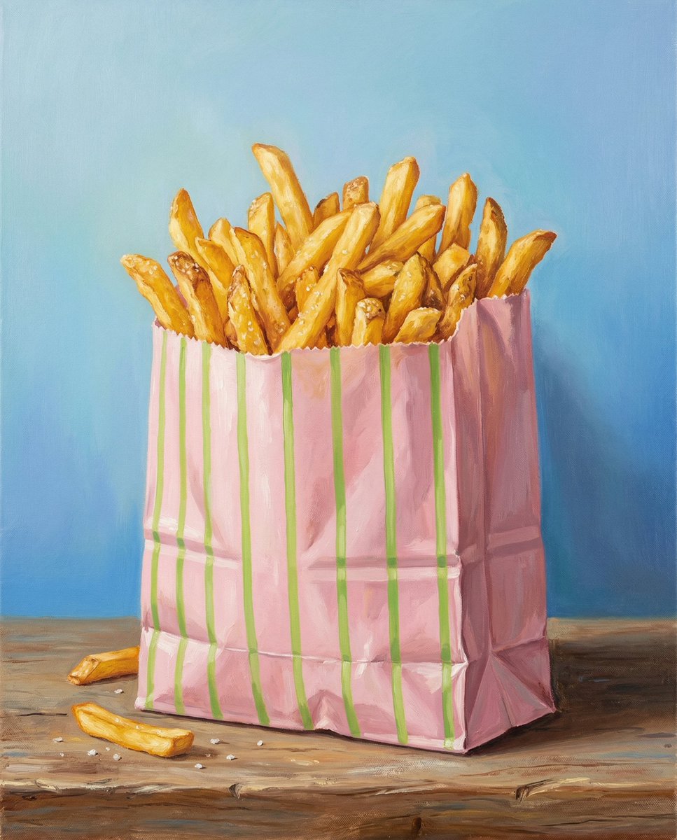 AI Prompt for Realistic Food Illustration: Golden French Fries in a Paper Bag