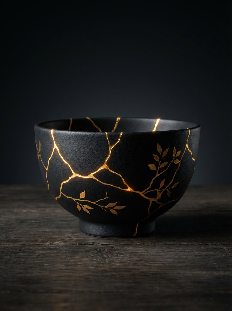 AI Prompt for Realistic Kintsugi Ceramic Plate with Golden Decorations