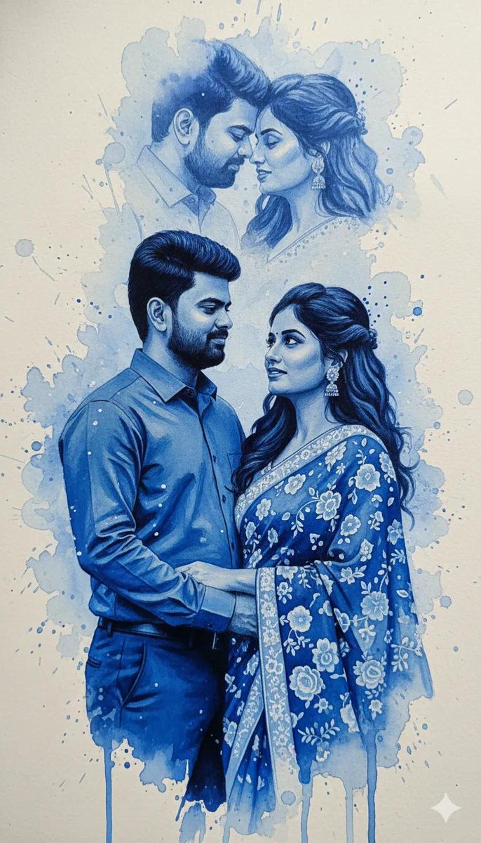 AI Prompt for Realistic Romantic Watercolor Couple Portrait in Blue Ink Spill Style
