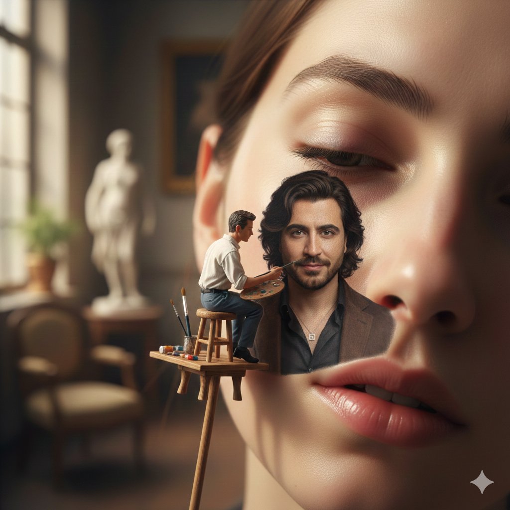 AI Prompt for Realistic Tiny Artist Painting on Giant Facial Portraits