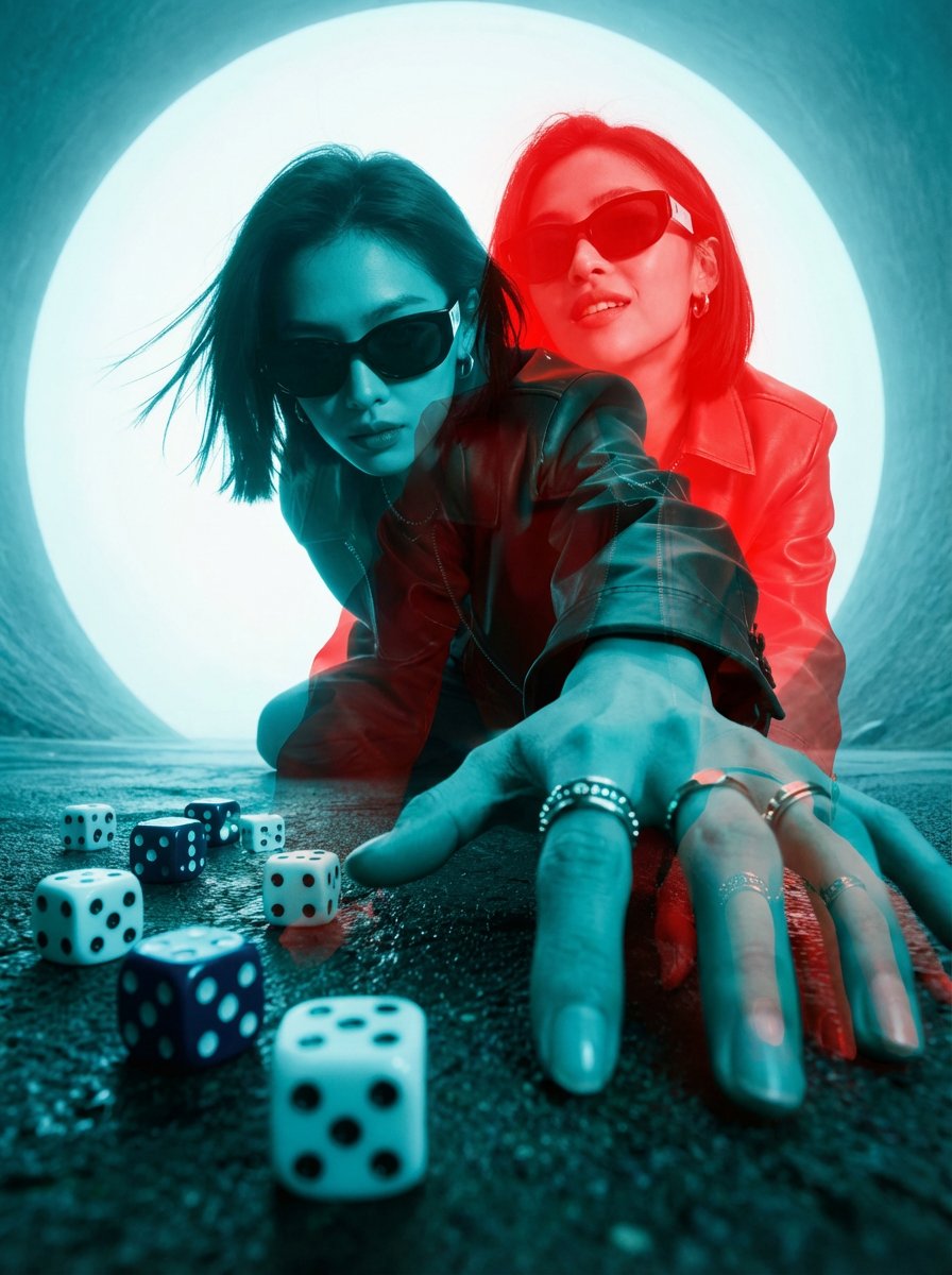 AI Prompt for Red-Blue Double Exposure Effect Portrait with Ghosting