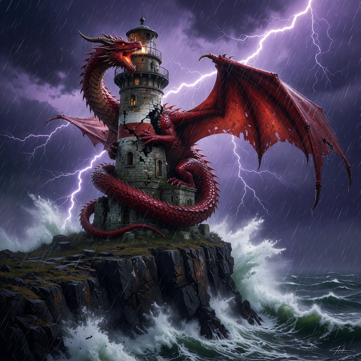 AI Prompt for Red Dragon Lighthouse Fantasy Art