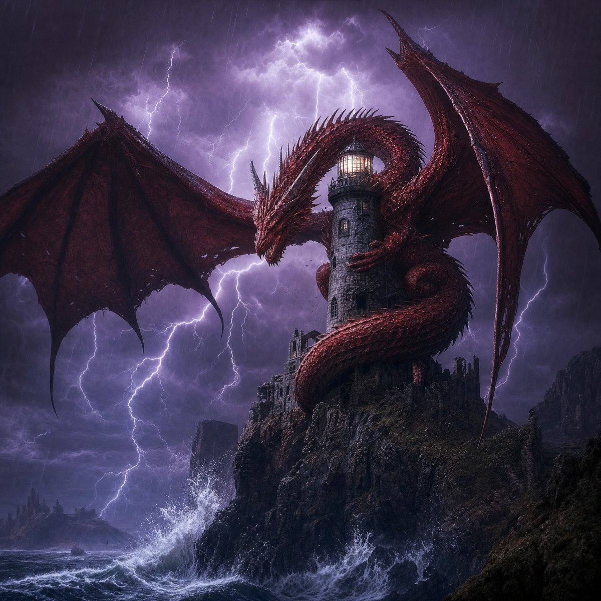 AI Prompt for Red Dragon Lighthouse Storm Concept Art