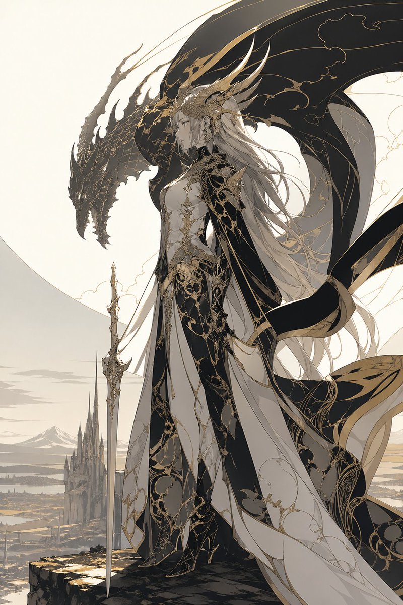 AI Prompt for Regal Dragon Queen in Black and Gold Anime Illustration