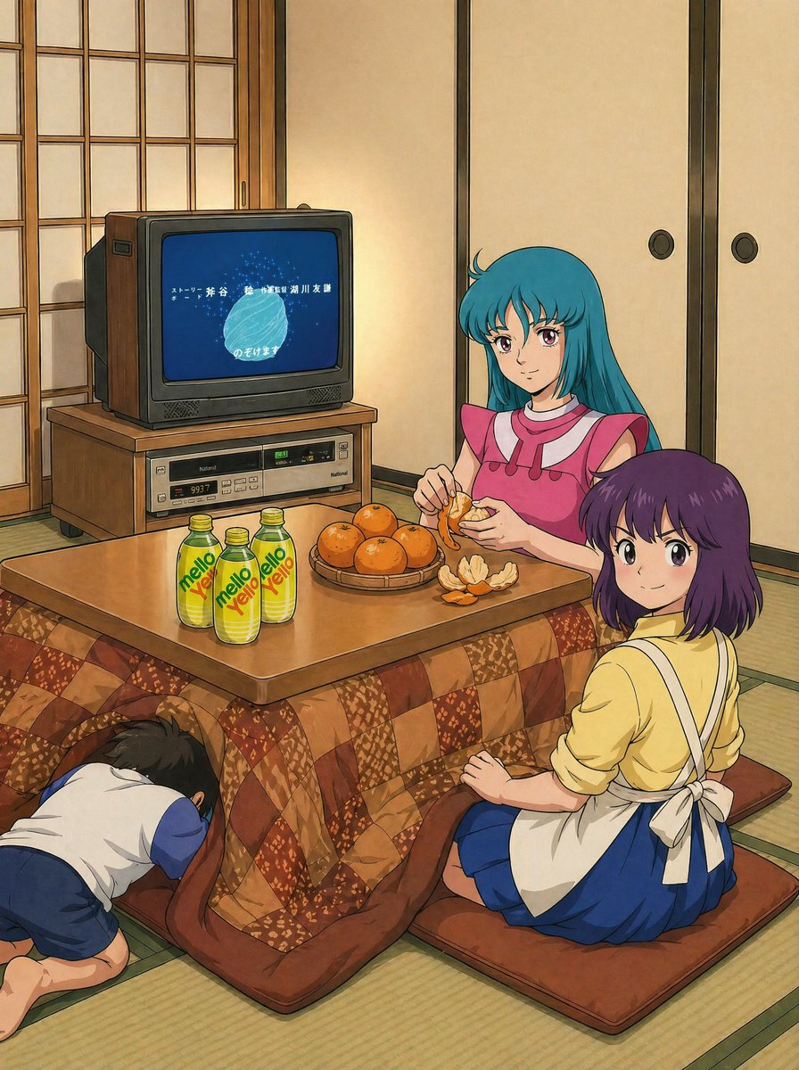 AI Prompt for Retro Anime Family Scene with Kotatsu