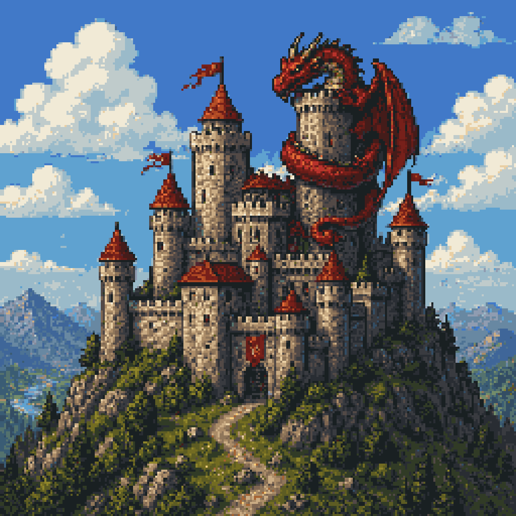 AI Prompt for Retro Fantasy Dragon Castle Pixel Art