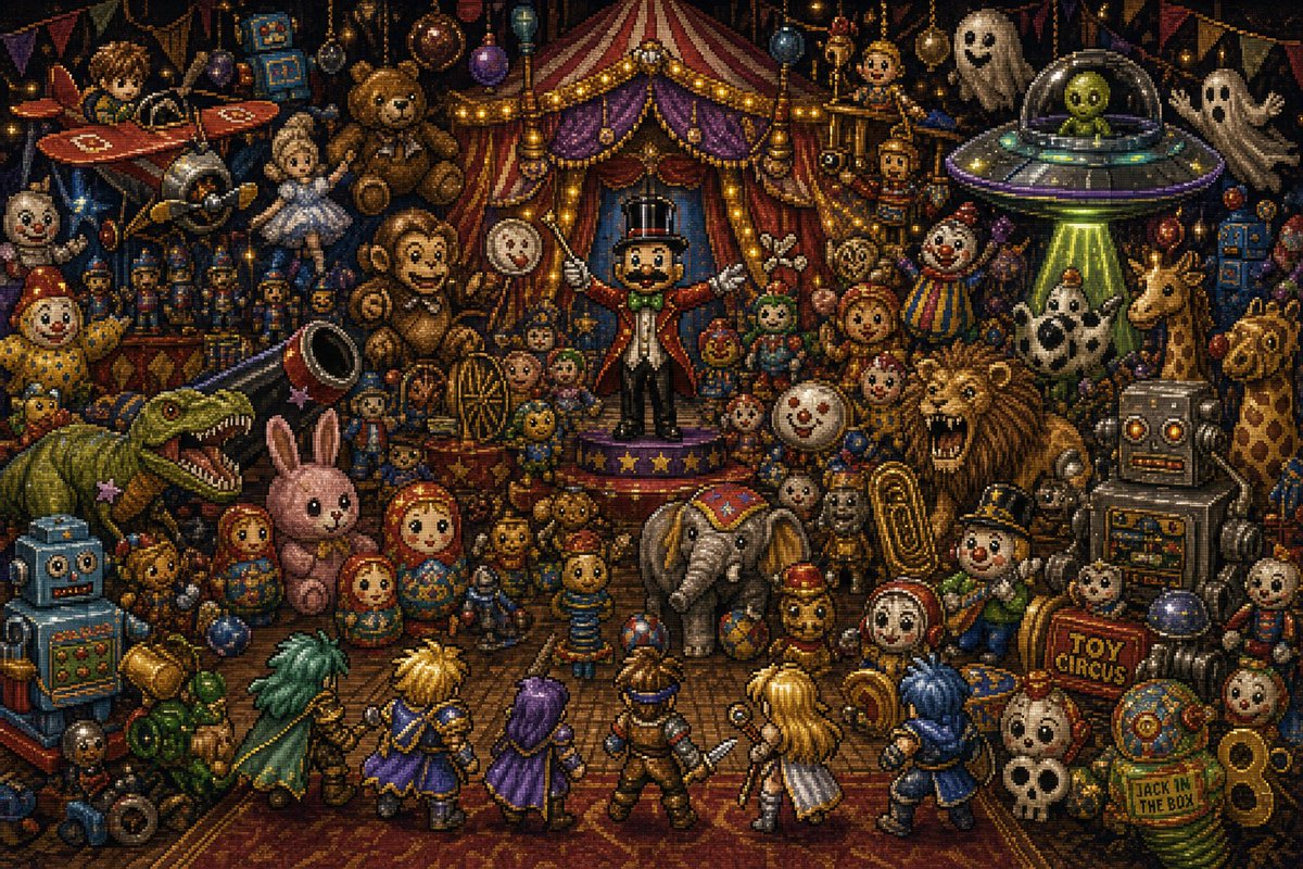 AI Prompt for Retro Pixel Art JRPG Battle Scene in Toy Circus