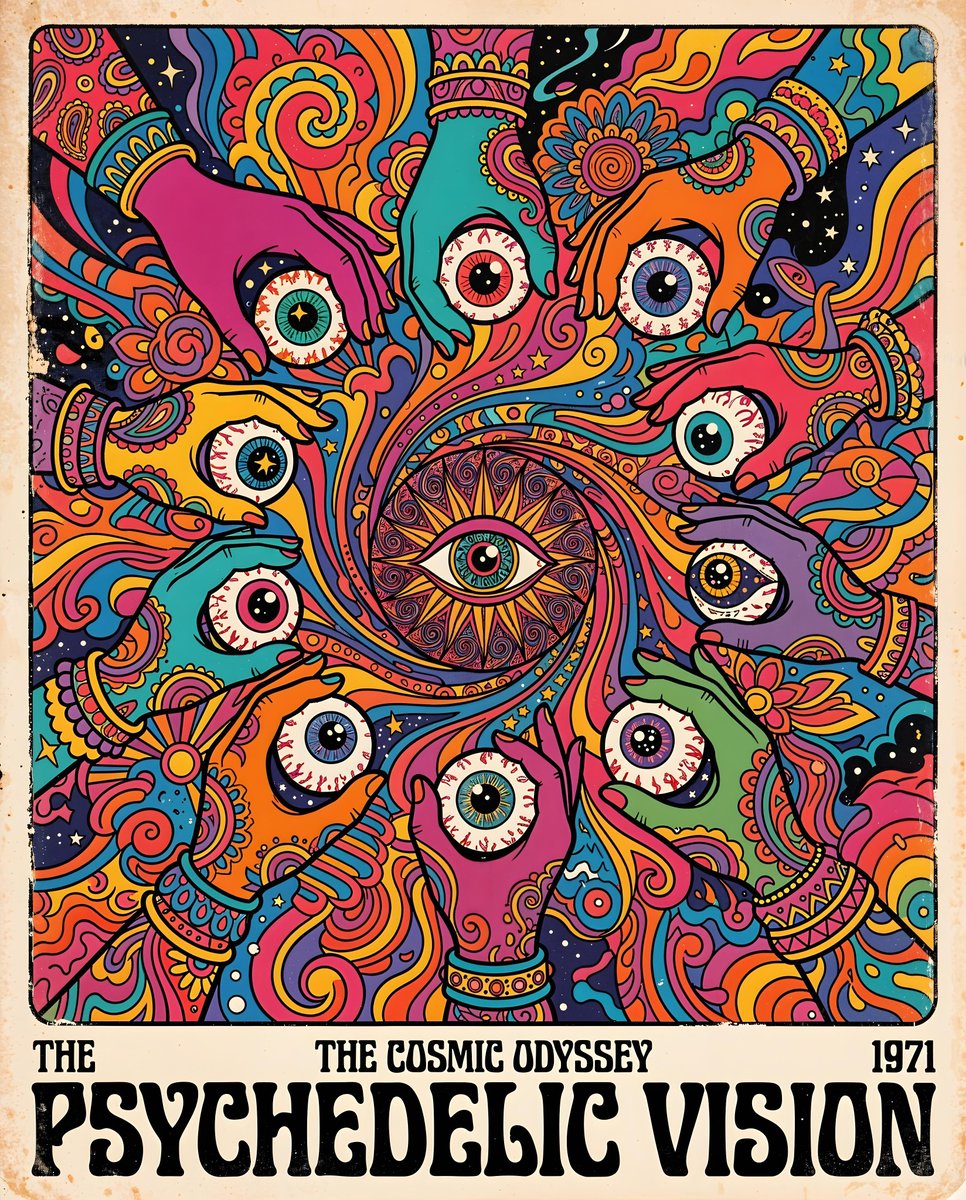 AI Prompt for Retro-Style Illustration of Hands with Psychedelic Eyeballs