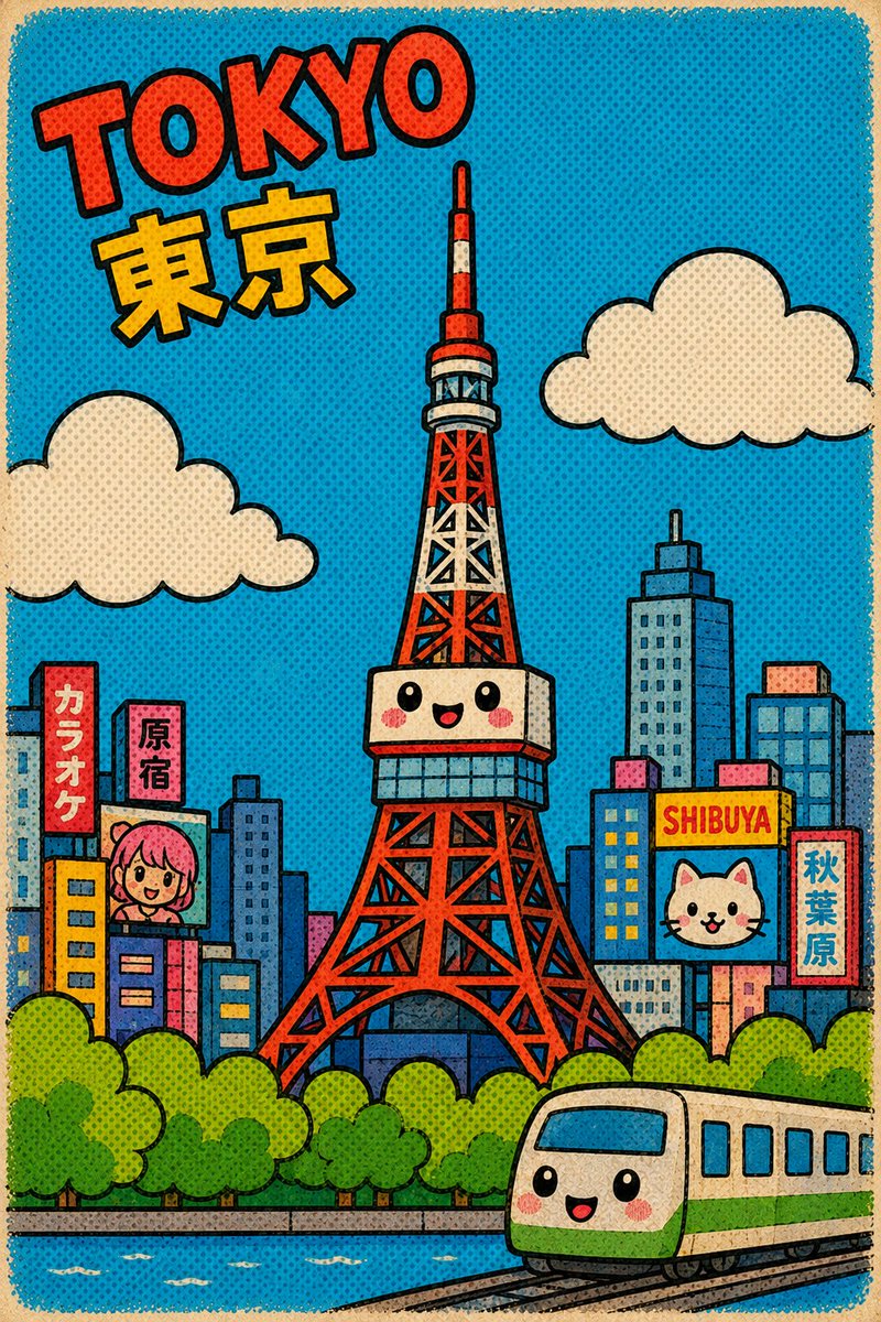 AI Prompt for Retro Tokyo Cityscape Poster - Vintage Comic-Style Tokyo Tower Scene with Kawaii Cartoon Characters