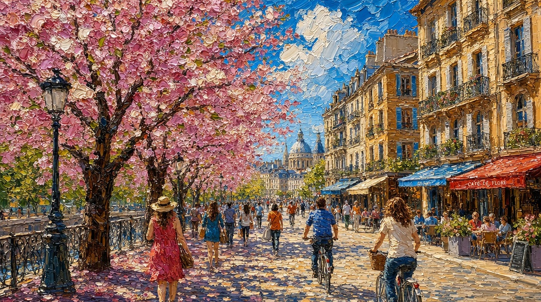 AI Prompt for Romantic Parisian Street Scene with Cherry Blossoms and Spring Light