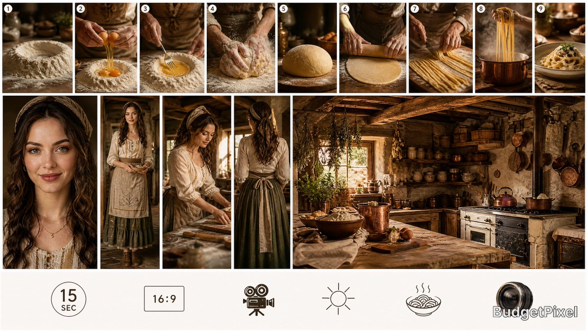 AI Prompt for Rustic Pasta Tutorial Cinematic Flat Lay