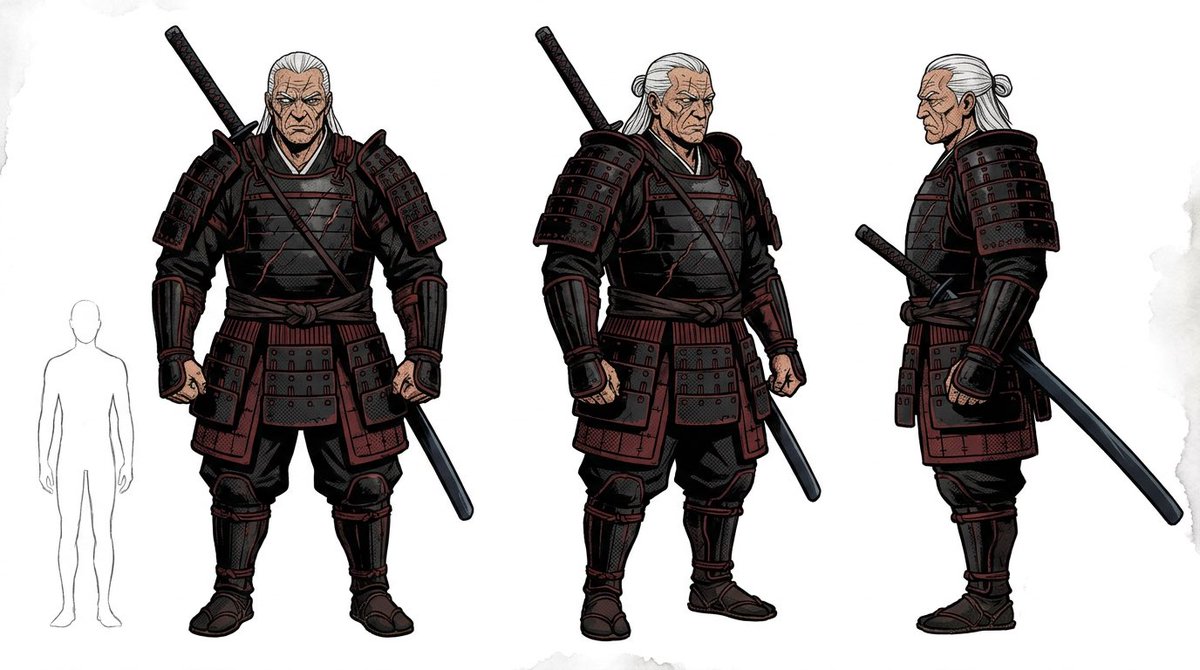 AI Prompt for Samurai Character Turnaround Sheet with Dark Armor