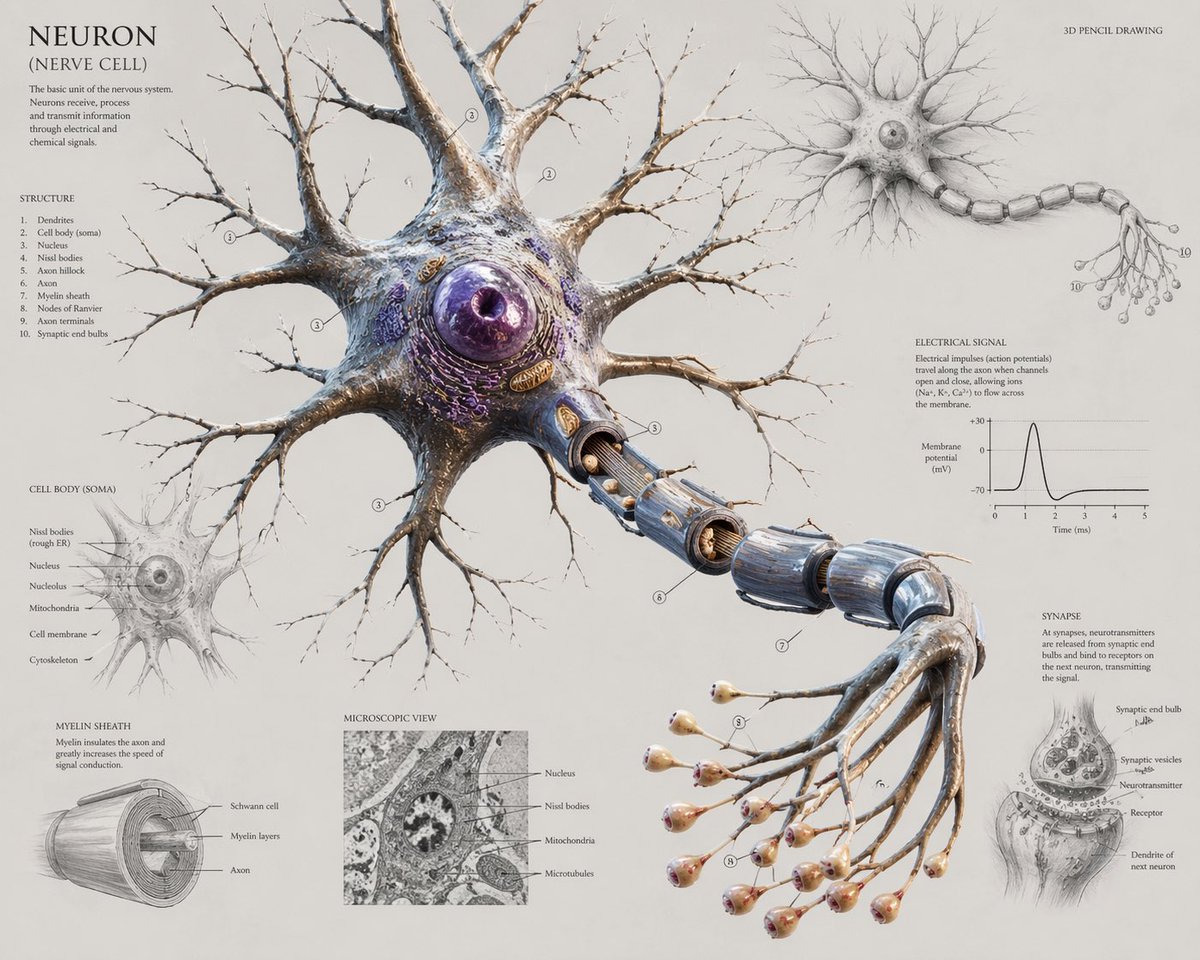 AI Prompt for Scientific Infographic Poster: Detailed Neuron Diagrams and 3D Renderings