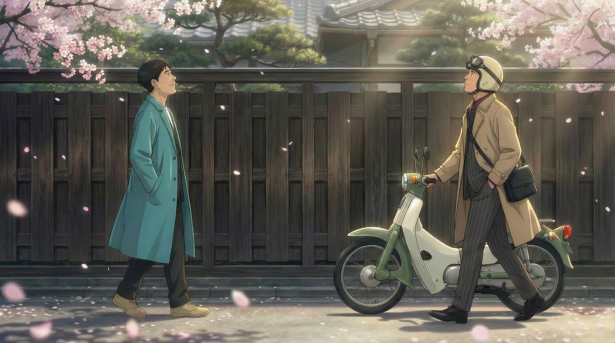 AI Prompt for Scramble Spring Fan Art in Udagawacho with Minokawa Minoru and Kitakami Fumio