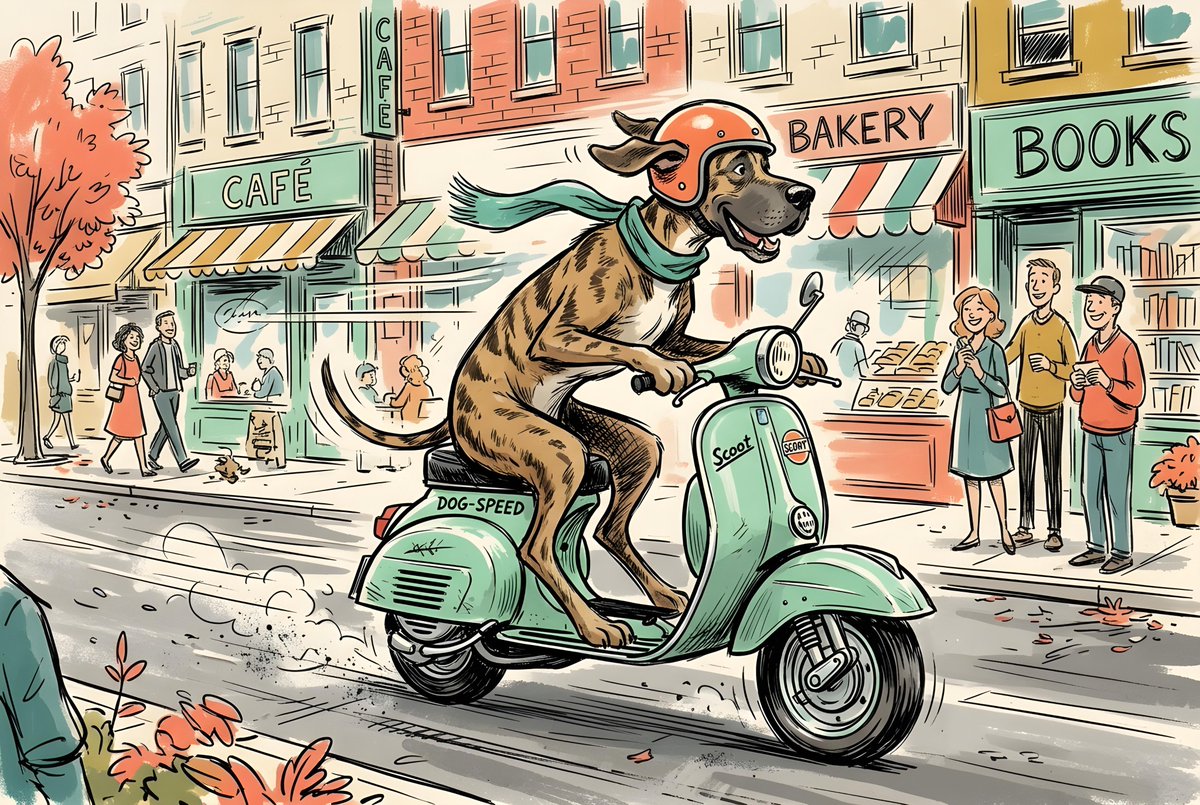 AI Prompt for Sketchy Retro-Style Illustration of Dog on Scooter