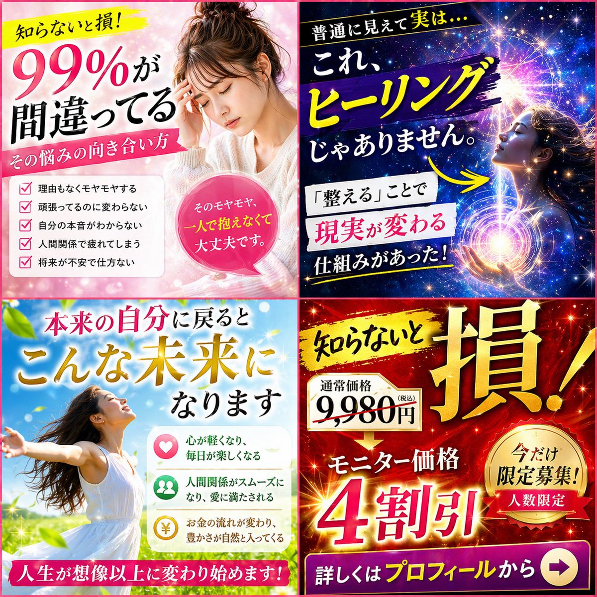 AI Prompt for Social Media Post: Japanese Four-Panel Healing Ad Collage